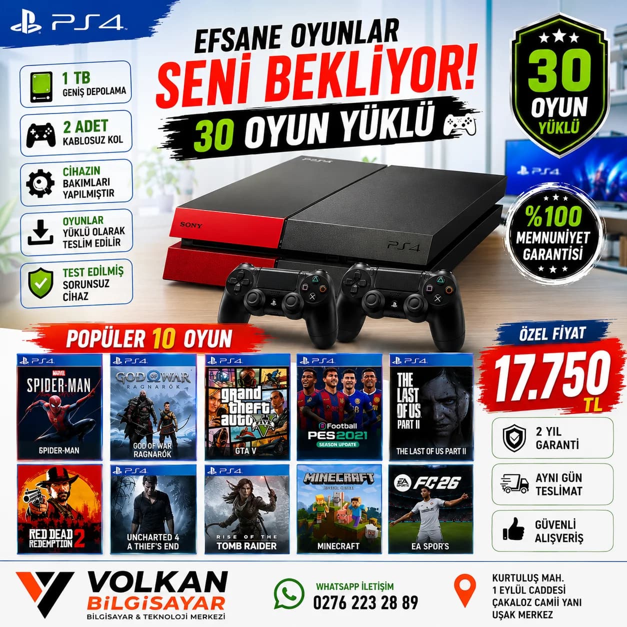 PS4 30 OYUN YÜKLÜ 2 KOLLU 1 TB