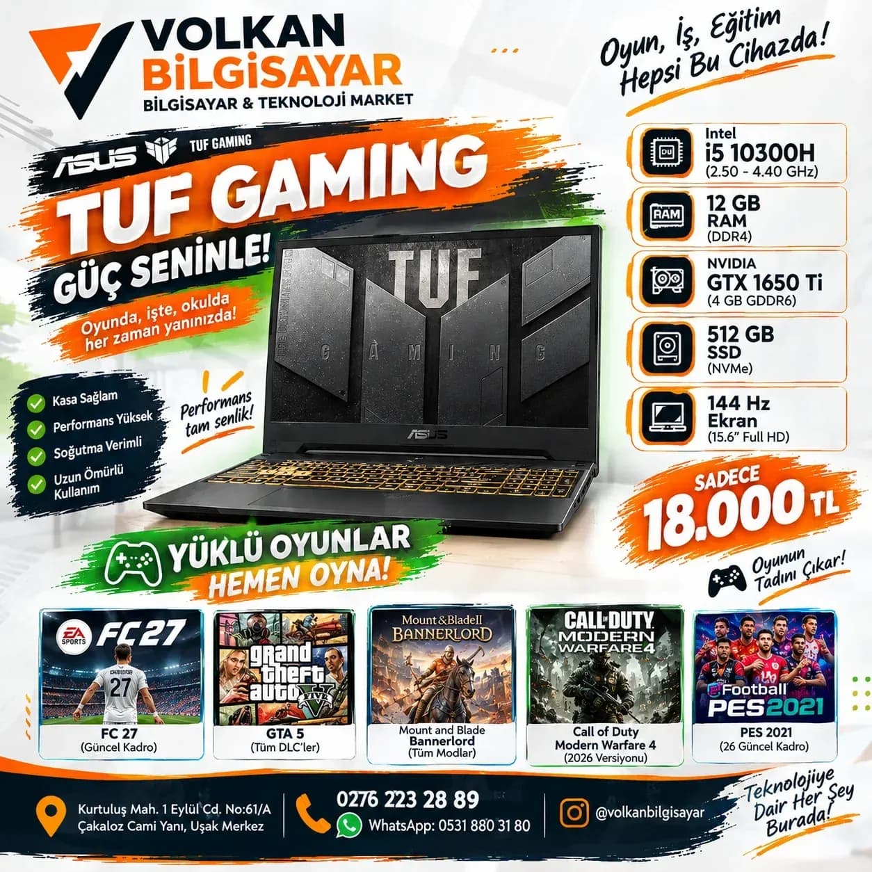 ASUS TUF Gaming Laptop | i5-10300H | GTX 1650 Ti | 144Hz Ekran FC 27 GTA5 CALL OF DUTY M2 2026 YÜKLÜ LAPTOP