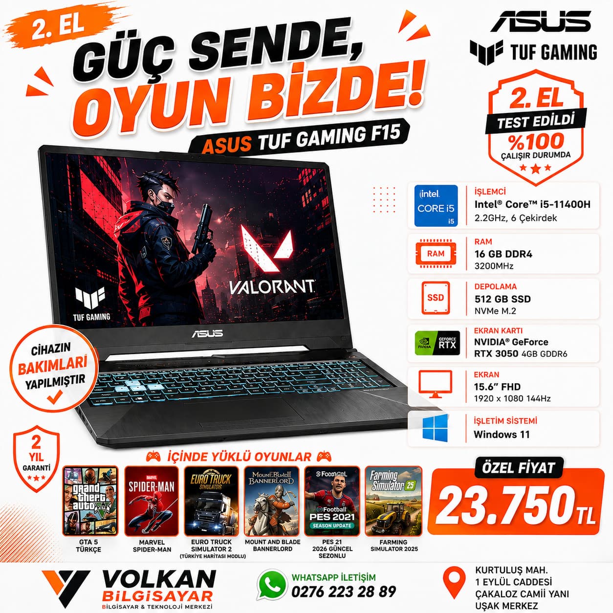 Asus TUF Gaming F15 FX506HC-HN409 i5-11400H 8 GB 512 GB SSD RTX3050 15.6" Full HD Gaming Laptop 2. EL